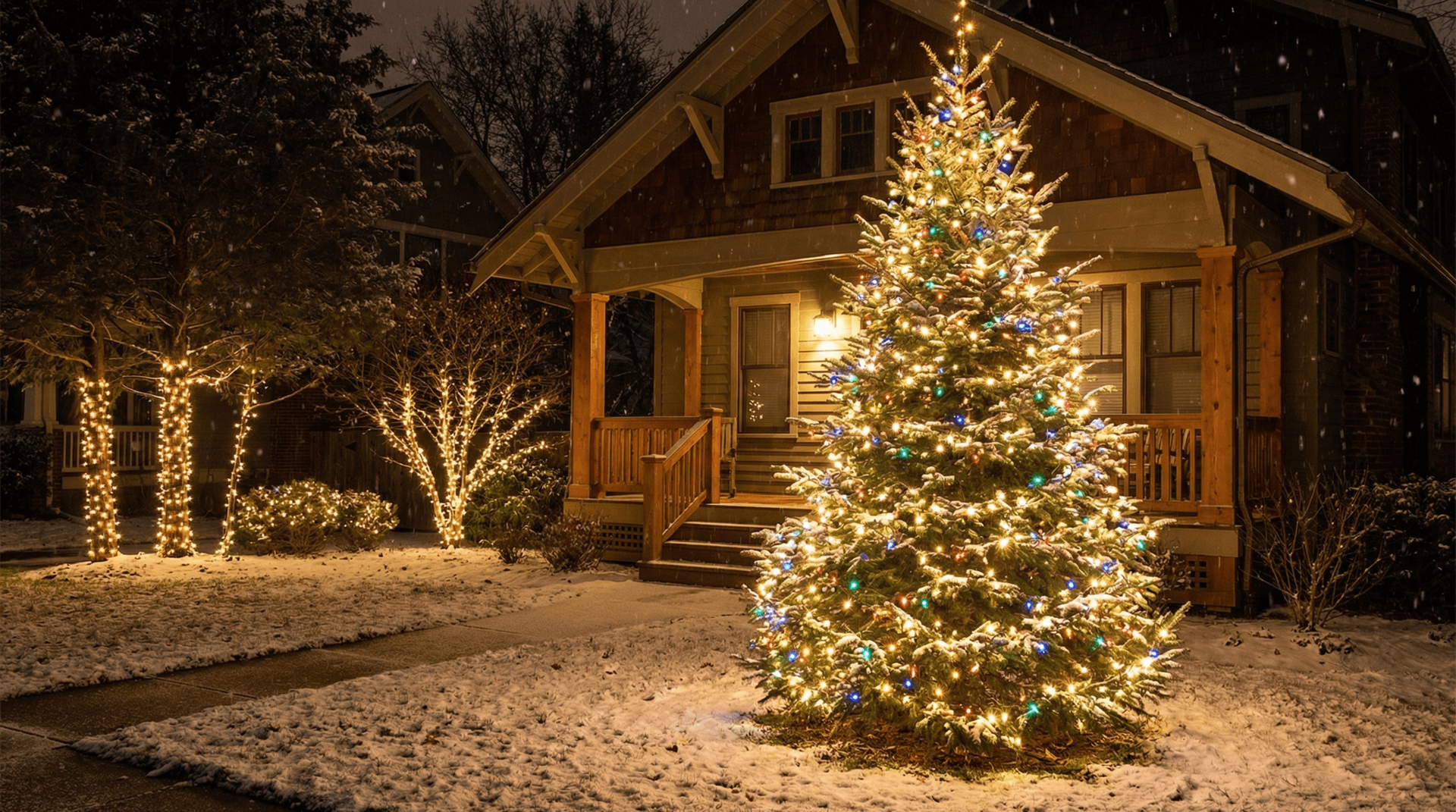 Warm Thanksgiving decorations with fall wreaths and seasonal lighting in Fort Wayne Indiana
