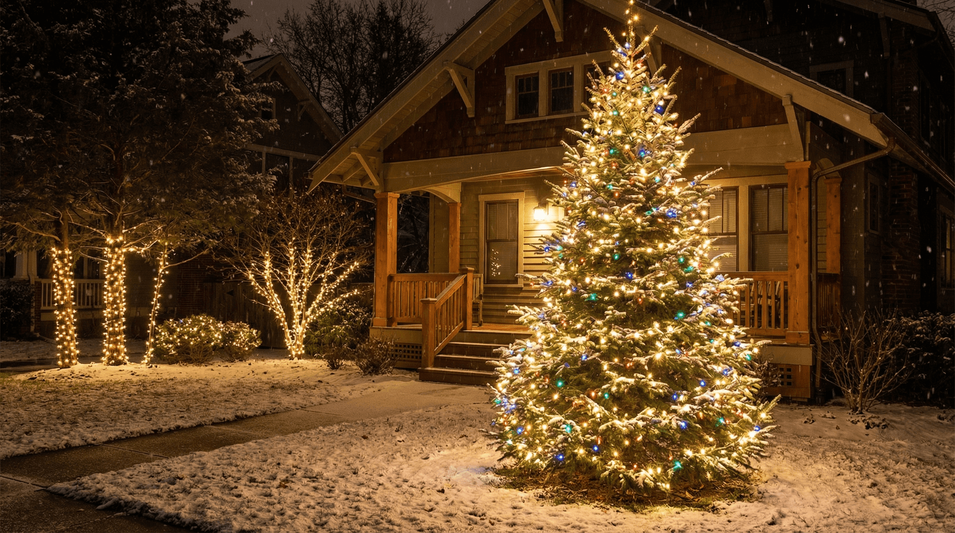 Warm Thanksgiving decorations with fall wreaths and seasonal lighting in Fort Wayne Indiana