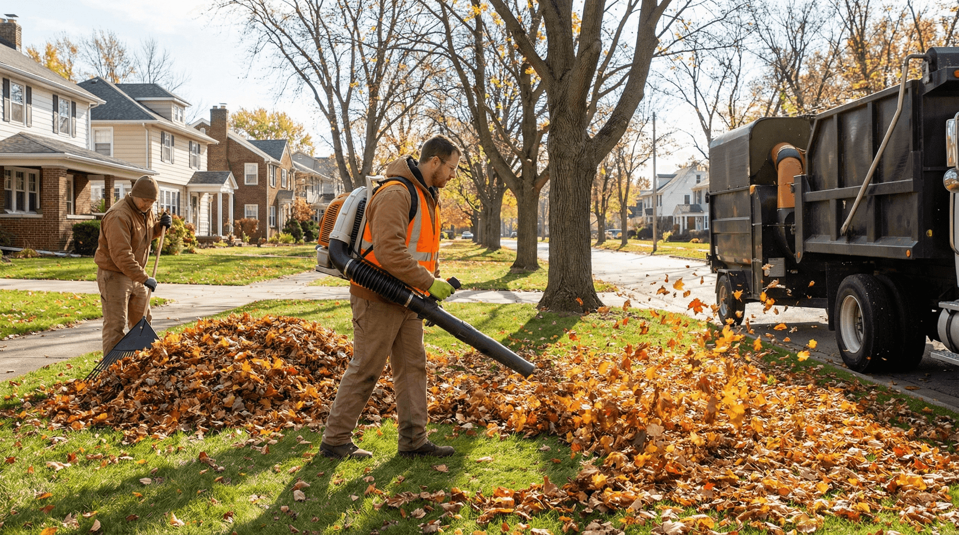 Residential fall leaf cleanup and removal service on a Fort Wayne Indiana lawn