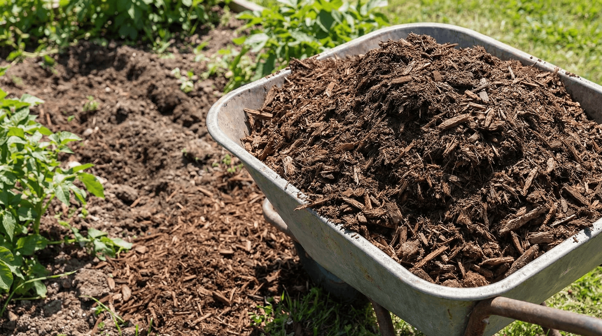Professional mulch spreading and installation in garden beds at a Fort Wayne property