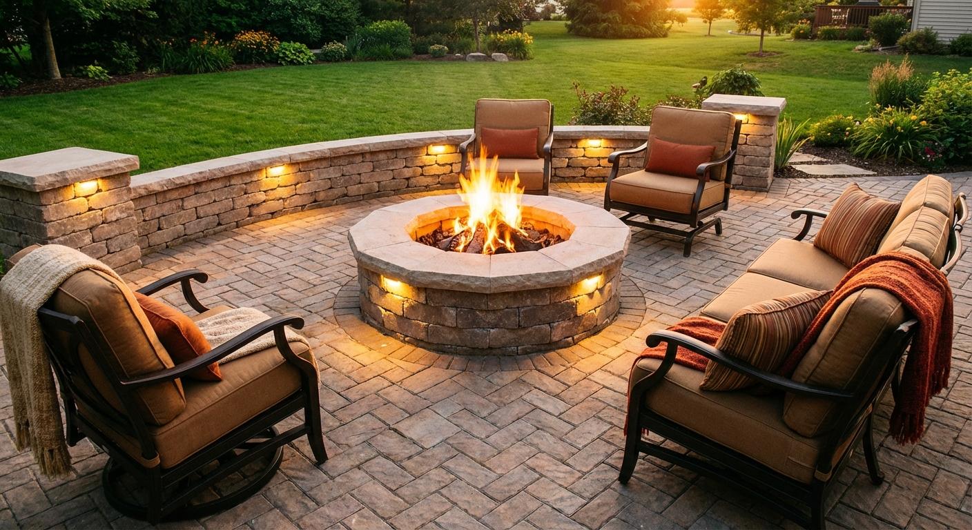 Paver patio and stone fire pit installation for outdoor living by Minnick Lawn and Landscaping in Fort Wayne Indiana