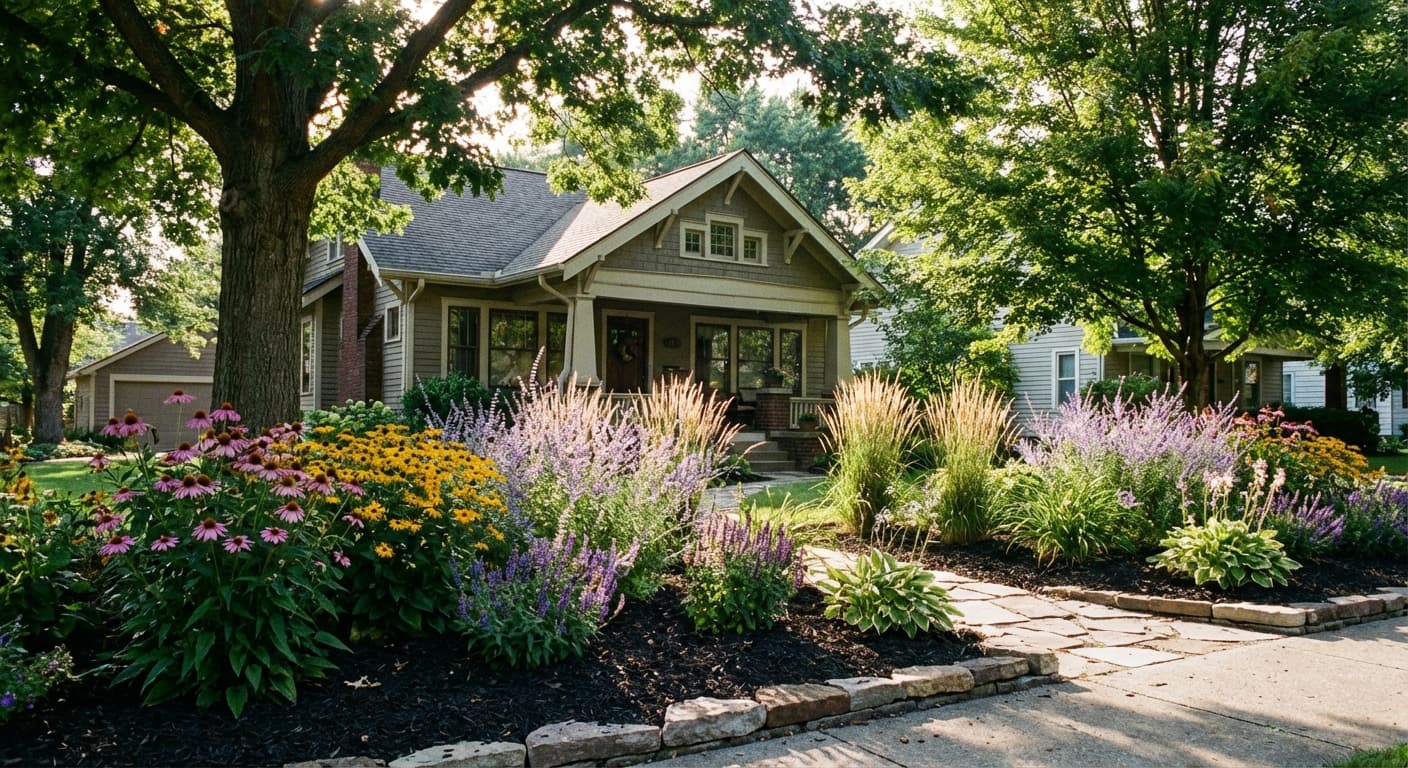 Custom landscape design with native Indiana plants and flower beds by Fort Wayne landscaper Minnick Lawn and Landscaping