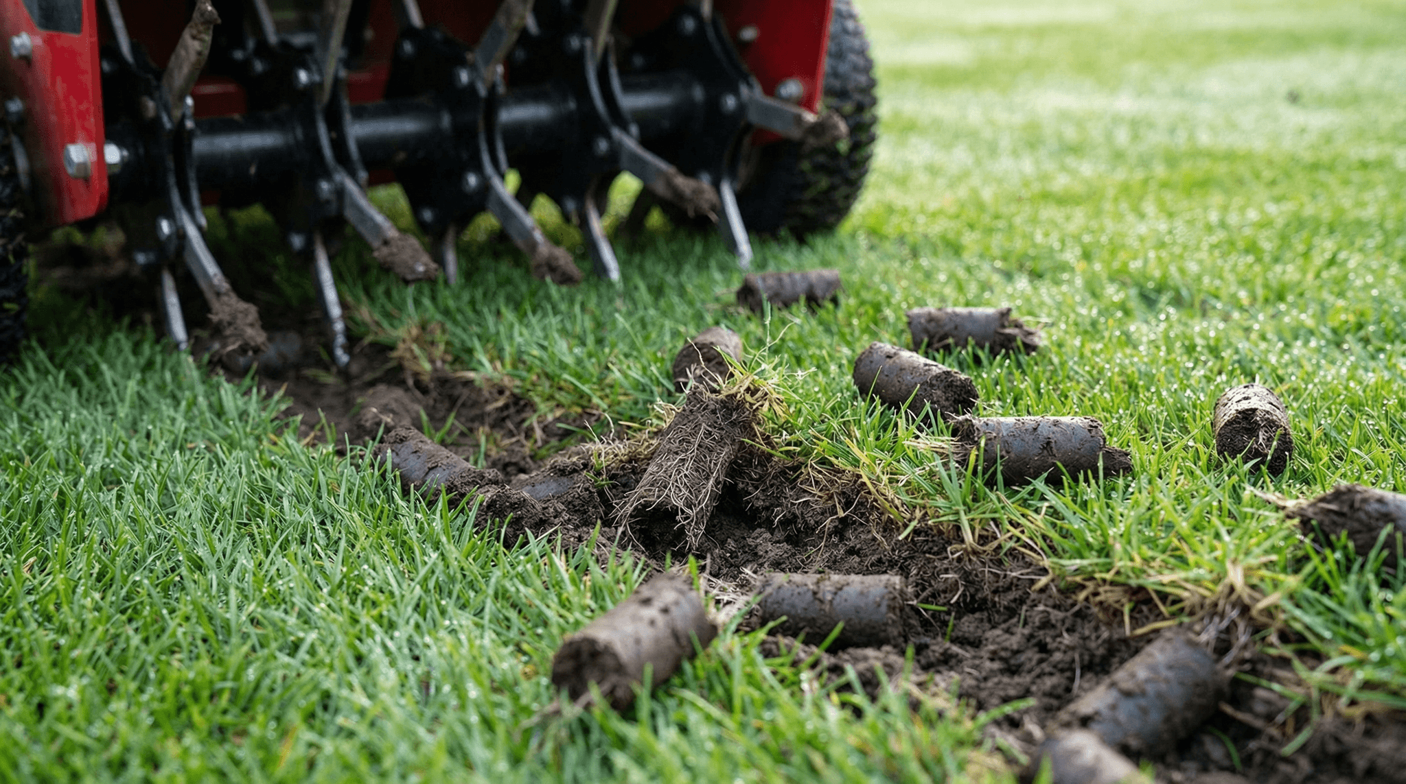 Professional core aeration service pulling soil plugs from a compacted Fort Wayne Indiana residential lawn