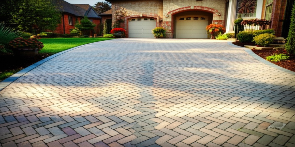 Beautiful paver driveway with herringbone pattern in Fort Wayne