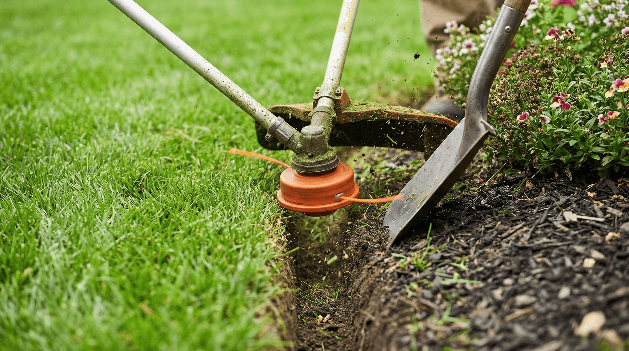 Precise lawn edging and trimming along a sidewalk at a Fort Wayne Indiana home during spring mowing season