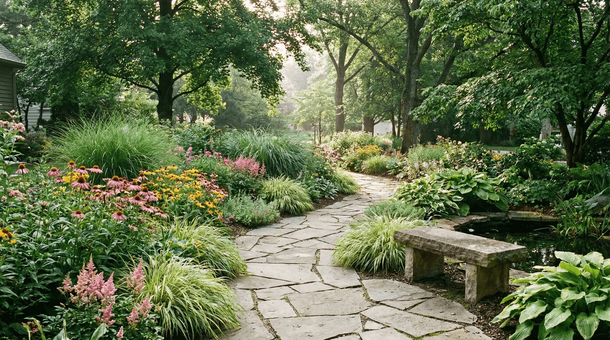Beautiful garden pathway with natural stone pavers and lush landscaping at a Fort Wayne Indiana property