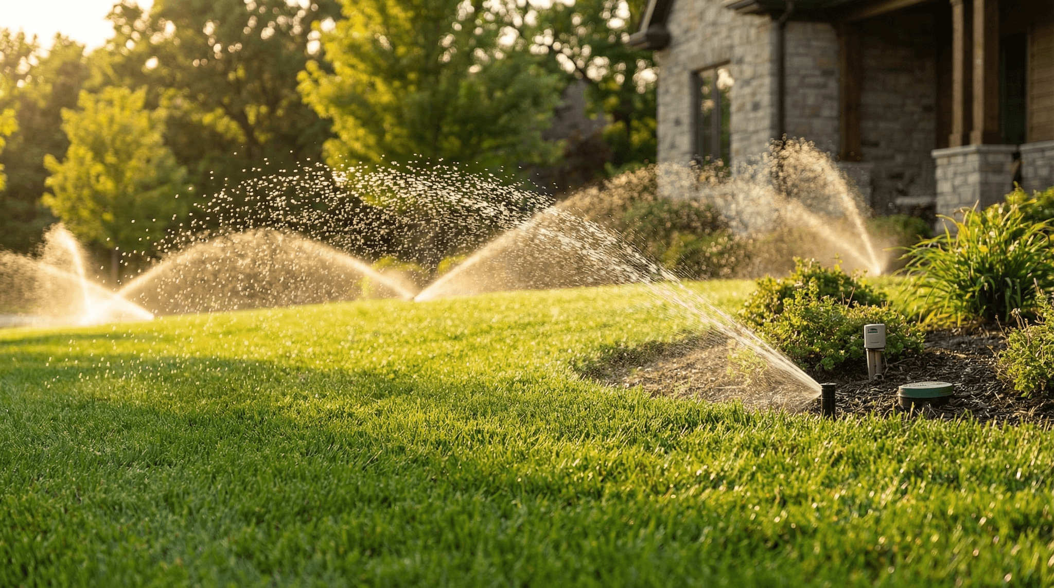 Sprinkler irrigation system watering a lush green residential lawn in Fort Wayne Indiana