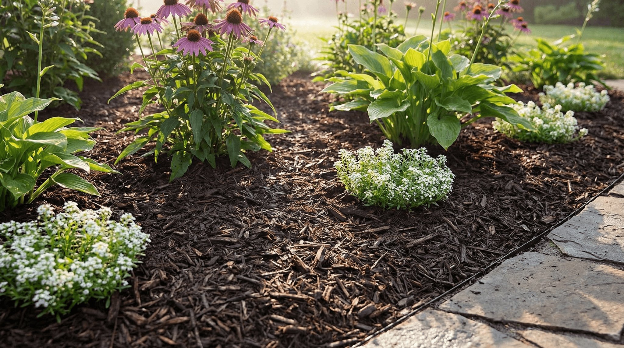 Fresh premium mulch installed around landscape plantings and garden beds at a Fort Wayne Indiana property