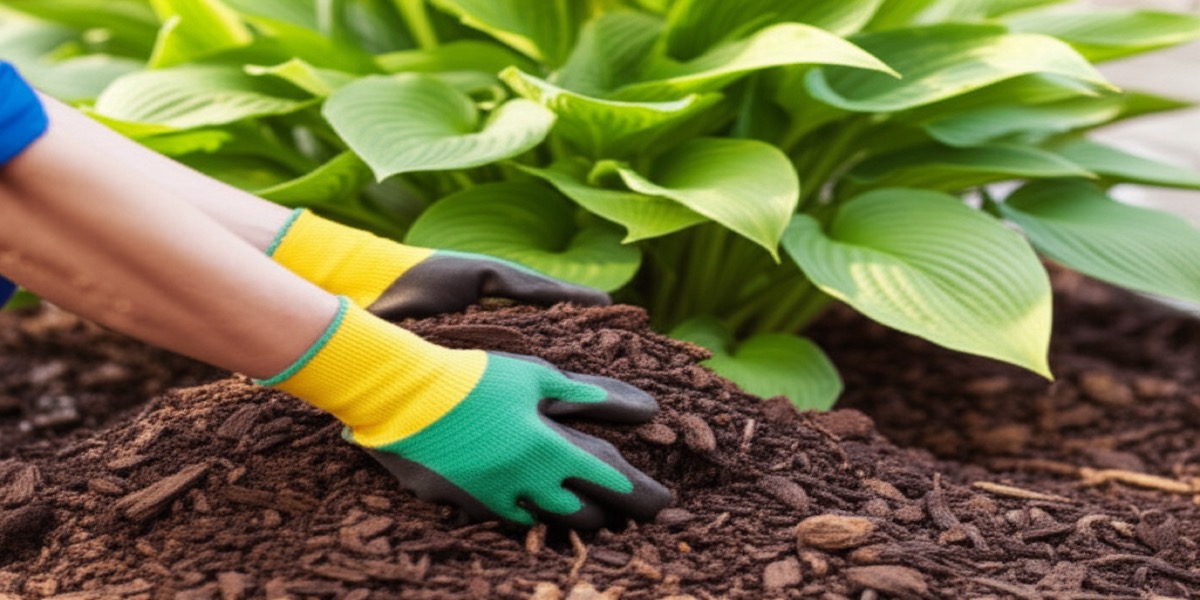 Fresh mulch being added to garden bed in Fort Wayne