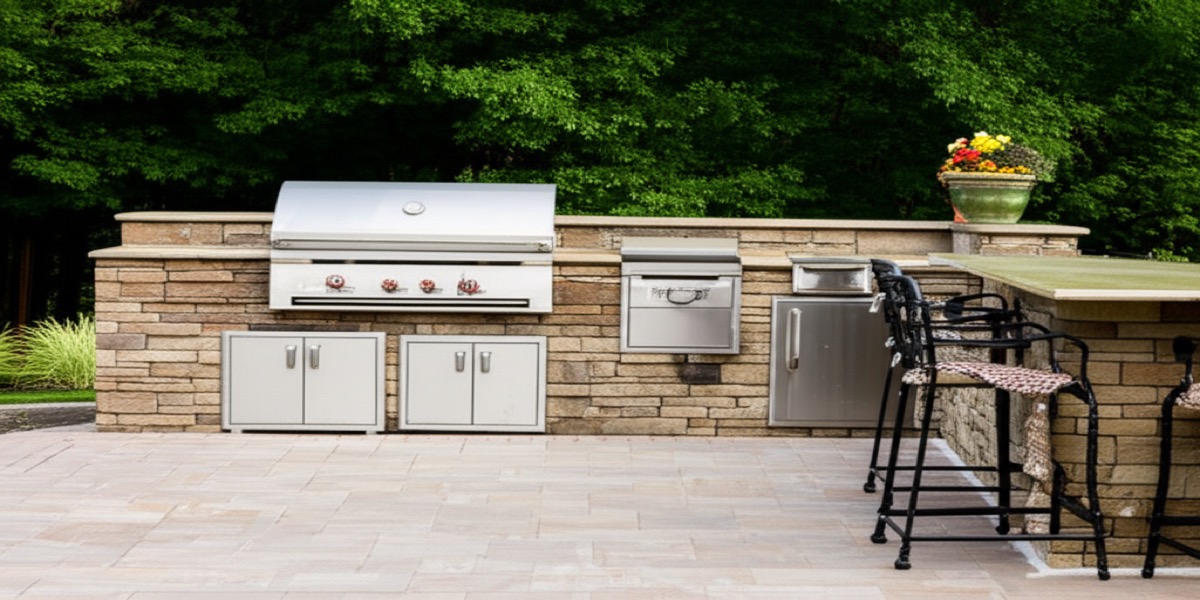 Beautiful outdoor kitchen with grill and countertops in Fort Wayne backyard