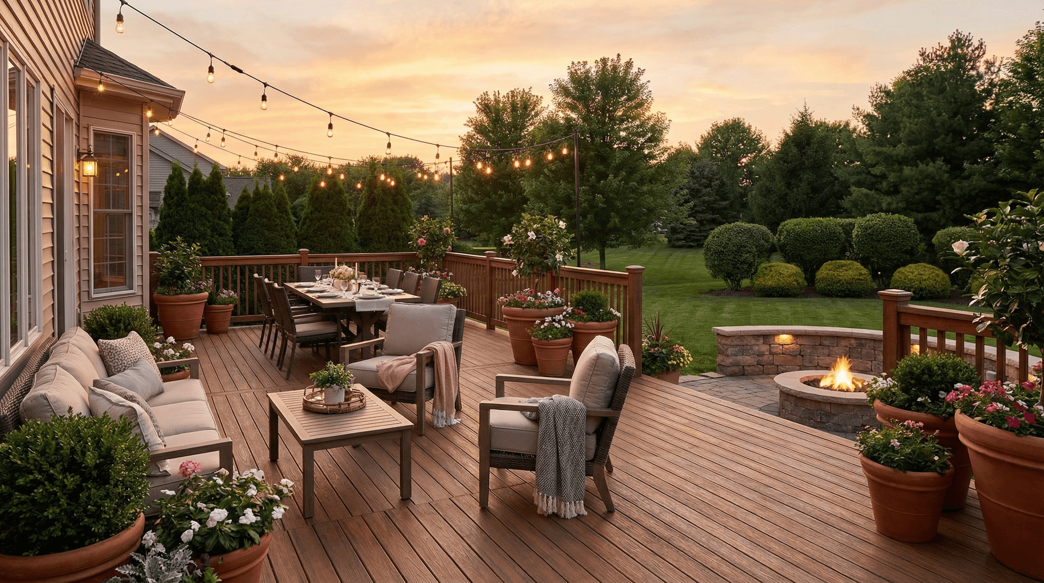 Custom outdoor living space with kitchen area and stone patio designed for a Fort Wayne Indiana backyard