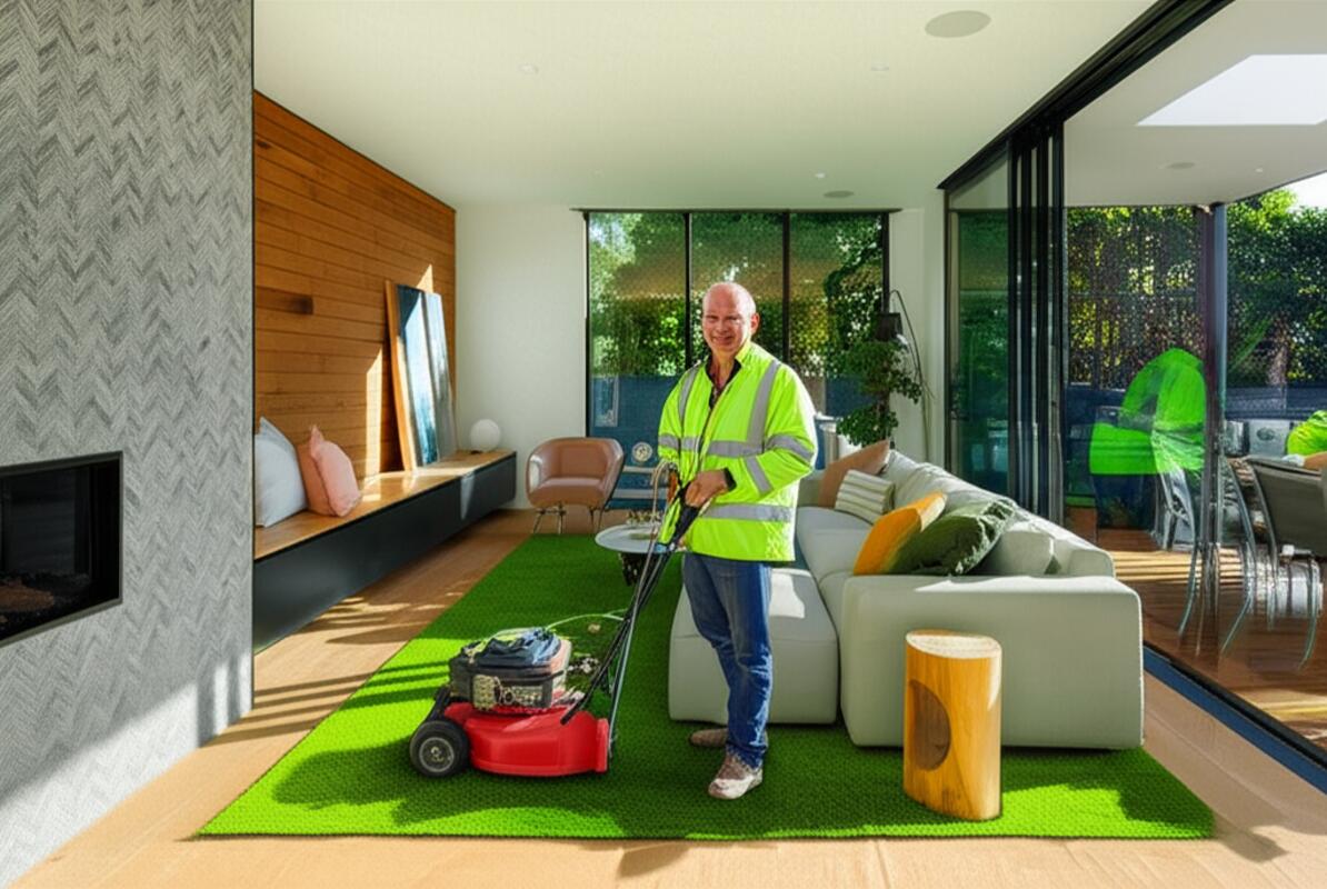Close-up of grass clippings being mulched back into healthy green lawn