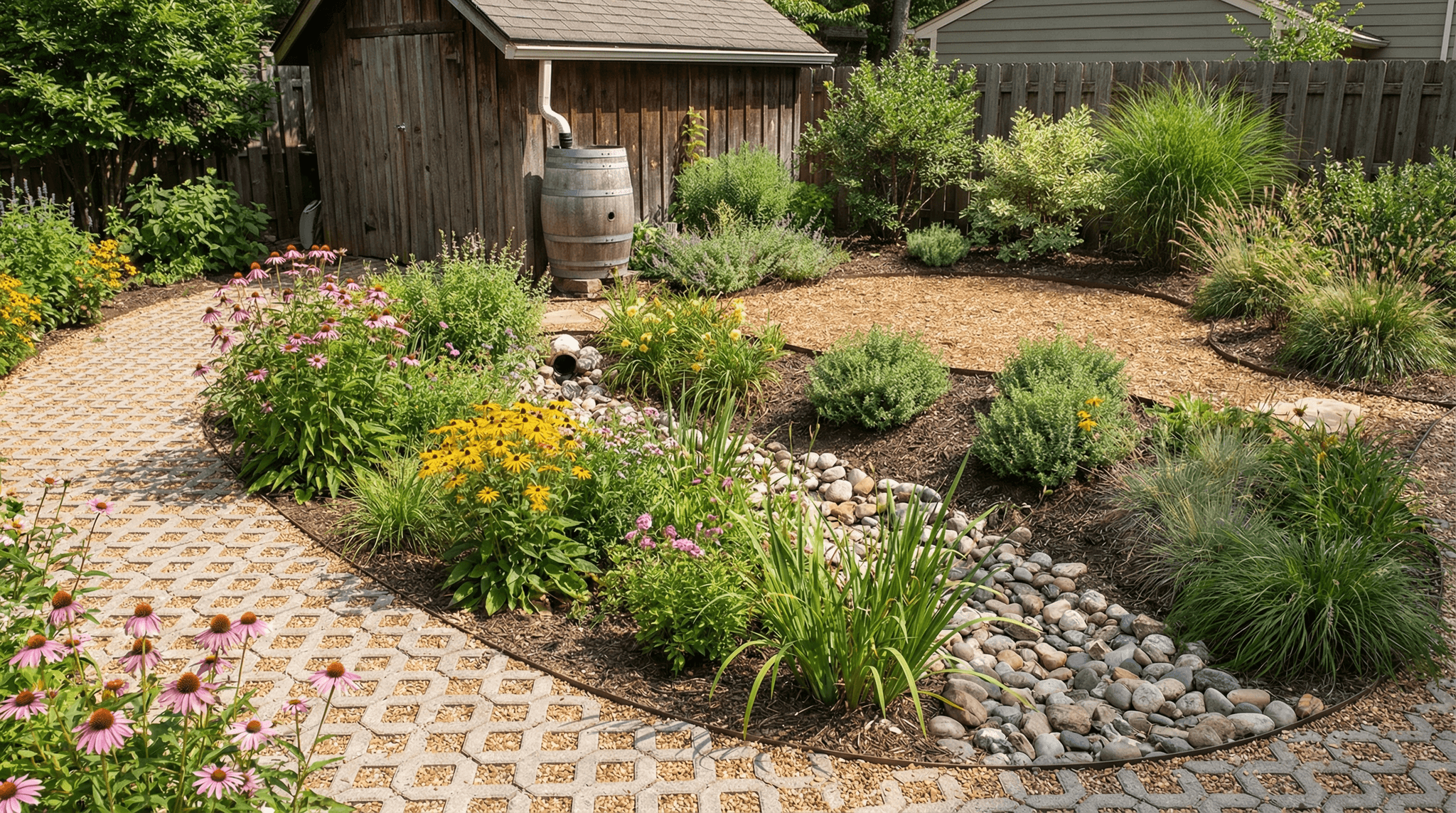 Sustainable low-maintenance landscape design with native plantings and mulch beds in Fort Wayne Indiana