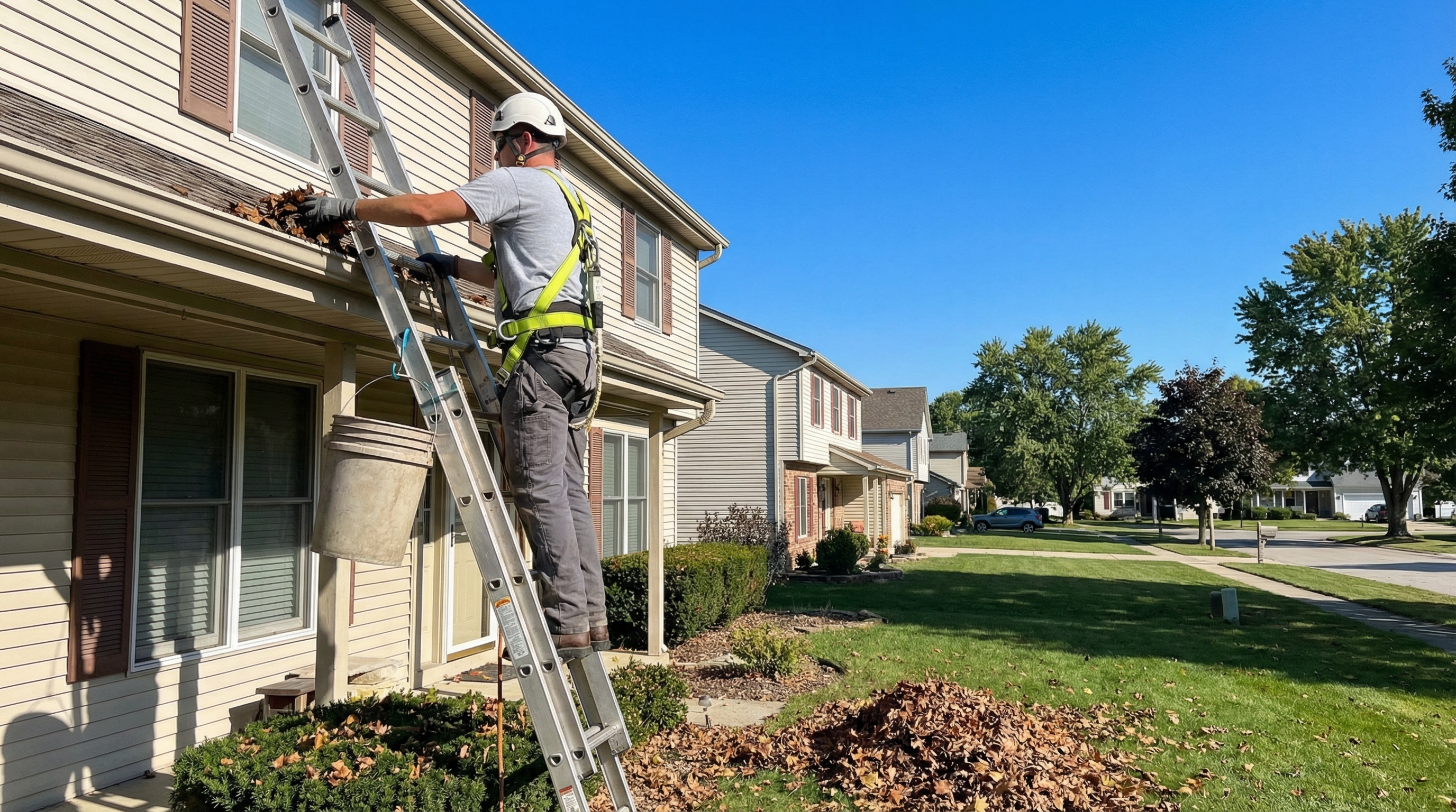 Professional gutter cleaning service removing debris from a Fort Wayne Indiana home